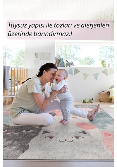 Foldy Kedi Desenli Dokuma Taban Dekoratif Çocuk Odası Halısı Fl 57 Çok Renkli