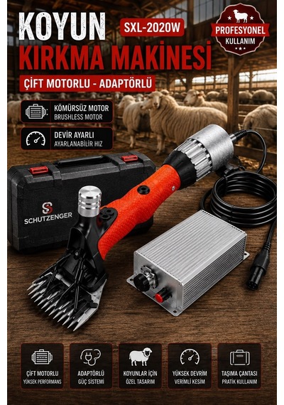 Devir Ayarlı Koyun Kırkma Makinesi Kömürsüz Motor Çift Motorlu Adaptörlü Soğutmalı Beiyuan Bıçaklı