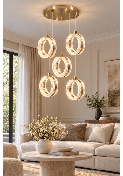 Queen Modern Gold Tasarım 5'li Uzaktan Kumandalı 3 Renk Sarı Günışığı Ve Beyaz - Ledli Banyo - Mutfak - Salon Ledli Sarkıt Avize Altın Altın