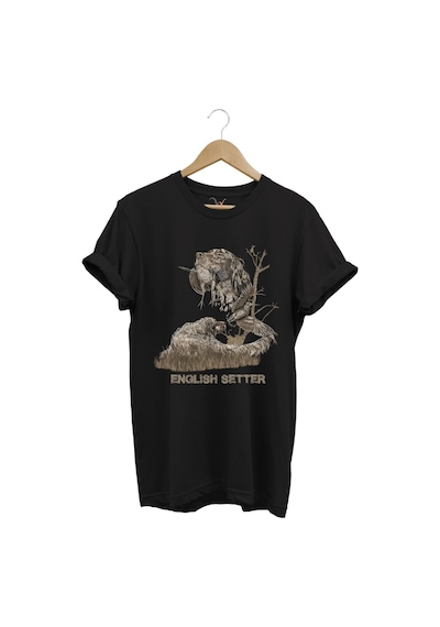 Avcılık Hunter Ağaçlı English Setter Çulluk Yazı Baskılı %100 Pamuk Regular Fit Siyah T-shirt Siyah