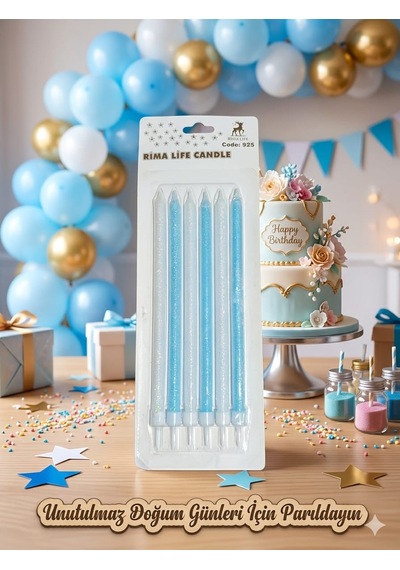Rima Life Candle Mavi Simli Doğum Günü Pasta Mumu, Uzun Boy, Parlak Finish, Kutlama İçin, 6'lı Paket +0