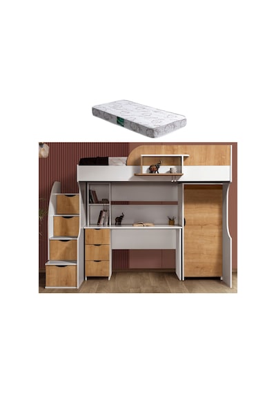 Ranza, Litera Ranza Dolap Çalışma Masası Beyaz - Açık Ceviz + 1 Adet Comfort Yatak 90 x 190 Cm Ranza, Litera Ranza Dolap Çalışma Masası Beyaz - Açık Ceviz + 1 Adet Comfort Yatak 90 x 190 Cm