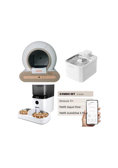 Groove Ti+ Akıllı Otomatik Kedi Tuvaleti Kahverengi - Petfit Aqua Flow Akıllı Bataryalı Su Pınarı Çeşmesi + Petfit Autodine X Plus Akıllı Otomatik Mama Kabı Bundle
