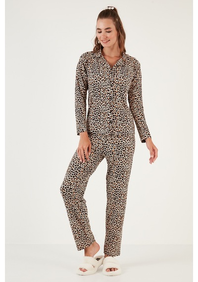 Lela Desenli Beli Lastikli Gömlek Yaka Dokuma Bayan Pijama Takımı 6095660W4 Leopar