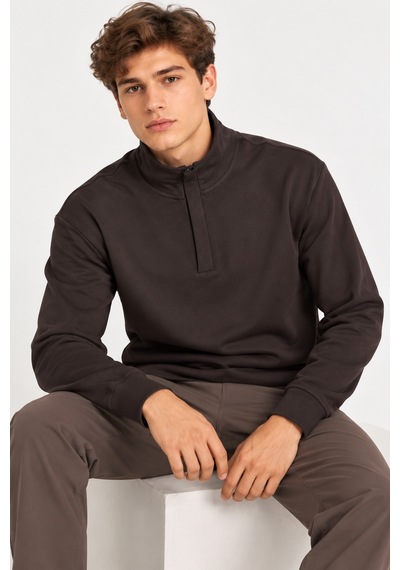 We&me Erkek Dik Yaka Yarım Fermuarlı Uzun Kollu Günlük Sweatshirt Kahverengi