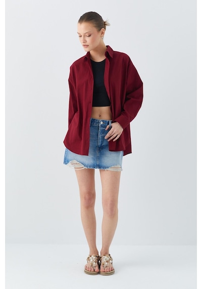 Mixray 4618 Kadın Arkası Robalı Basic Gömlek Bordo