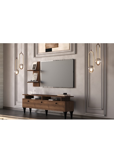Gm 044 Neva 3 Kapaklı Ayaklı Duvar Raflı Tv Ünitesi Barok Ceviz