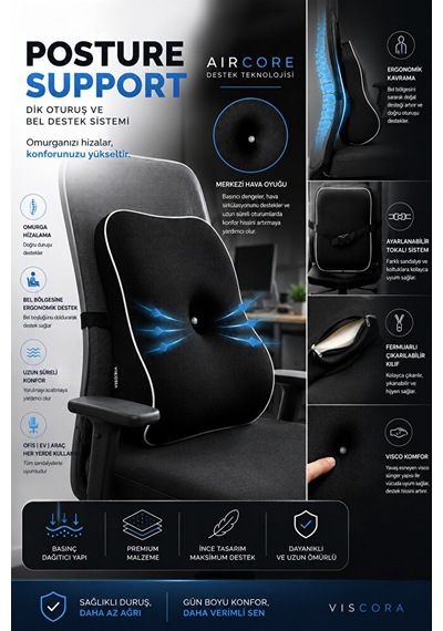 Posture Support Aircore Ergonomik Lomber Bel Destek Minderi Siyah