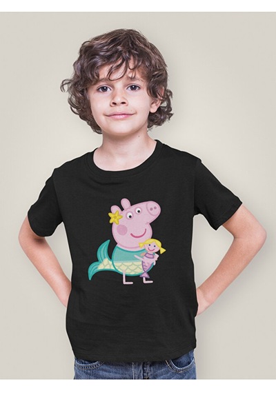 Sevbano Unisex Peppa Pig Baskılı Çizgi Film Çocuk Tişört 1-12 Yaş Siyah