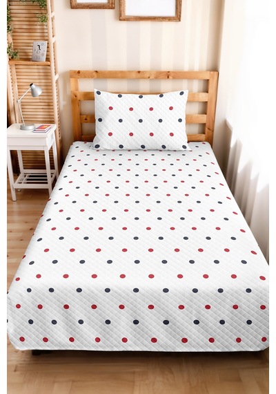 Puantiyeli Genç Odası Tek Kişilik Pike Takımı - Minimal Kırmızı Lacivert 160x220 Cm Yatak Örtüsü Beyaz