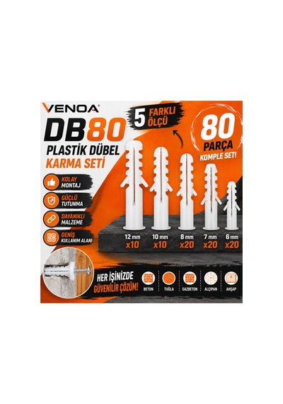Db80 Plastik Dübel Karma Seti 80 Adet 5 Farklı Ölçü 6-7-8-10-12 Mm Ev, Tadilat Ve Montaj İçin Pratik Dübel Seti