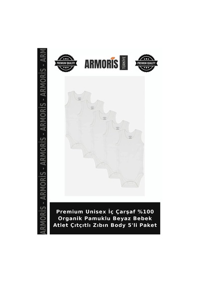 Armoris Premium Unisex İç Çarşaf %100 Organik Pamuklu Beyaz Bebek Atlet Çıtçıtlı Zıbın Body 5'li Paket