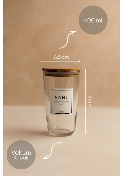 Motto Plus - 6'lı Çam Ağacı Vakum Kapaklı Etiketli Cam Saklama Kabı Baharatlık Seti 400 Ml Diğer