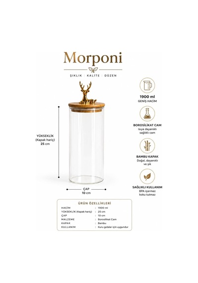 Qerhome 3'lü Borosilikat Cam Gold Geyik Figürlü Bambu Kapaklı Kavanoz 1900 Ml Şeffaf Alk