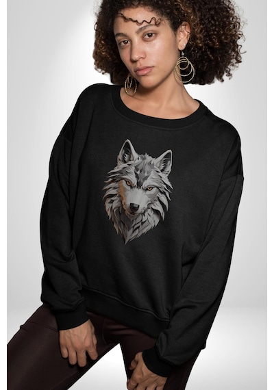 Beyaz Kurt Kafası Unisex Siyah Baskılı Sweatshirt Siyah