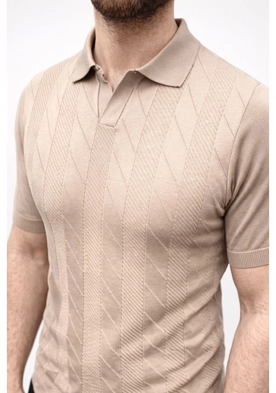 Erkek Yazlık Triko Dokuma Tişört Kısa Kol Polo Yaka T-shirt - Bej