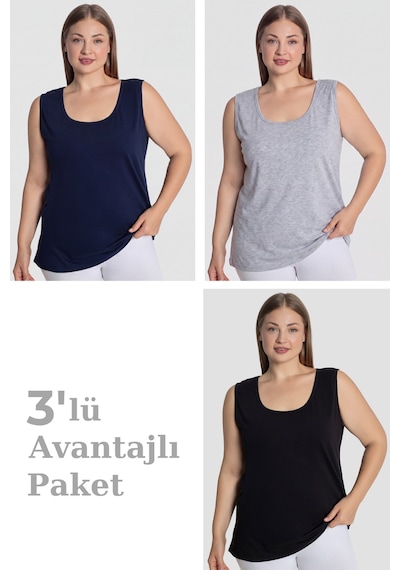 Arma Yıldız Kadın Pamuklu Büyük Beden Kalın Askılı Atlet 3'lü Paket Siyah Lacivert Gri