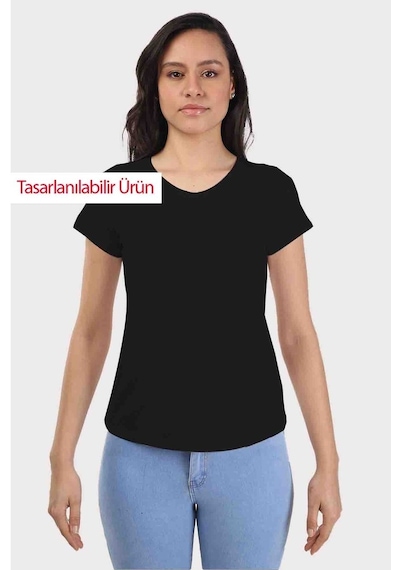 Kadın Siyah Basic V Yaka Tshirt Siyah