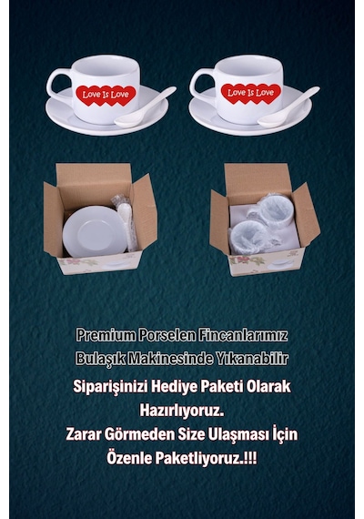 Sevgililer Günü Kalpli Baskılı 2 Li Set Kaşıklı Porselen Çay Kahve Fincan Seti-2 Beyaz