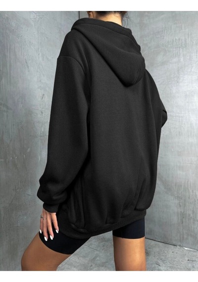 Basic Düz Hırka - Gri Kışlık Oversize Kapüşonlu Fermuarlı Cep Detaylı Hırka Siyah