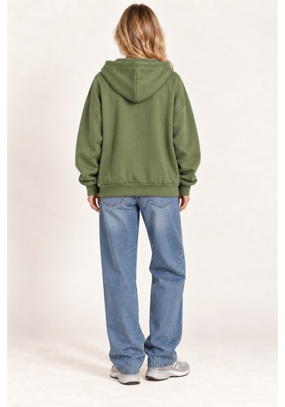 Cool Tarz Unisex Oversize Fermuarlı Kapüşonlu Sweatshirt 3 İplik Şardonlu Haki Haki