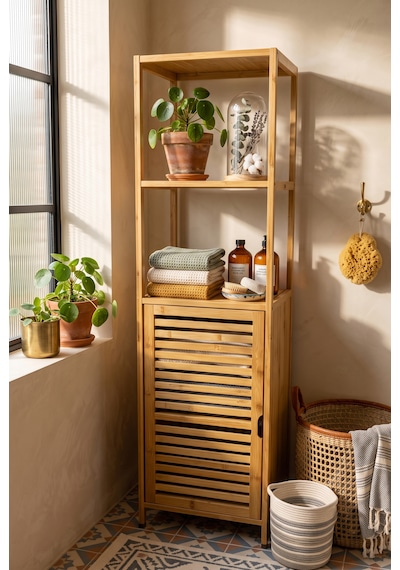 Bambu Tek Kapaklı 3 Raflı Çok Amaçlı Banyo Düzenleyici Organizer Dik Dolap Bej