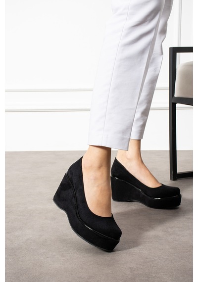 Zenneshoes Helena Dolgu Topuklu Kadın Ayakkabı Siyah Süed