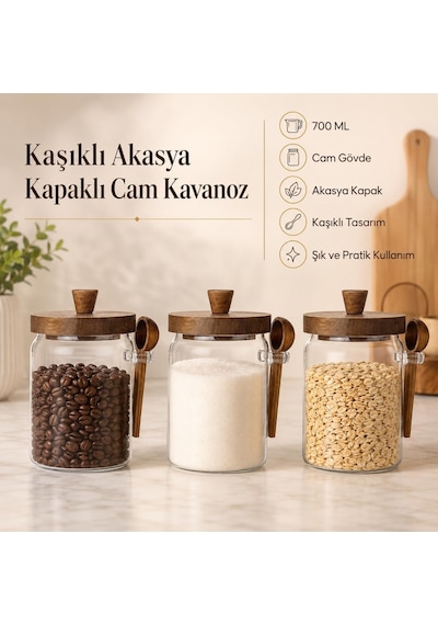 3'lü Kaşıklı Akasya Kapaklı Cam Kavanoz Seti 700 Ml Erzak Saklama Diğer