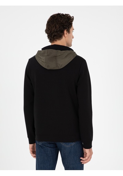 Siyah Regular Fit Pamuk Karışımlı Yarım Fermuarlı Kapüşonlu Sweatshirt