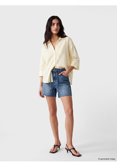 Lcw Vision Sarı Çizgili Oversize Poplin Kadın Gömlek