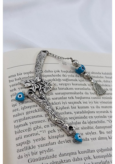 El Yapımı Cam Nazar Boncuğu Metal Yapraklı Dal Kitap Ayracı, Hedi