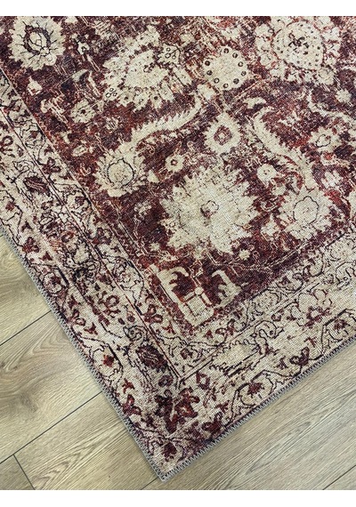 Çam Halı Anatolia 32-048 Etnik Eskitme Desenli Dokuma Tabanlı Yıkanabilir Şönil Salon Ve Oda Halısı Krem - Bordo