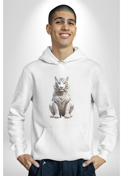 Beyaz Kaplan Kadın Erkek Beyaz Kapüşonlu Sweatshirt Hoodie Beyaz