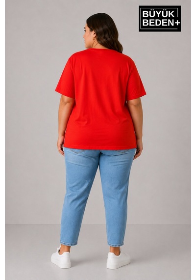 Superlife Büyük Beden Kadın Bisiklet Yaka Yırtmaç Detaylı 3xl-6xl Tunik Tişört Spr26btsk501 Kırmızı