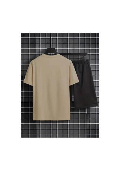 Erkek Bej''los Angeles Baskılı'' Basic Oversize T-shirt- Şort Takım Strup0000000000015