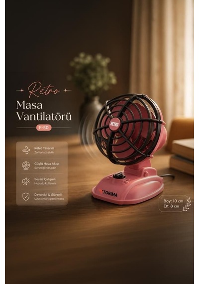 Premium Vintage Model Taşınabilir Fan Retro Tarz Şarjlı Masaüstü Vantilatör F50 Pembe