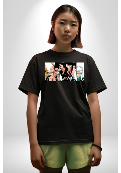 Bleach Anime Pamuklu Bisiklet Yaka Unisex Oversize Boyfriend Dijital Baskılı Siyah T-shirt Siyah