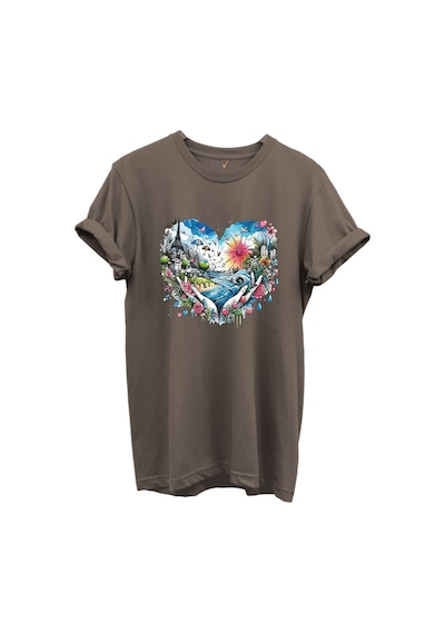 Kalp Şehir Manzaralı Renkli Baskılı %100 Pamuk Regular Fit Unisex T-shirt Kahverengi