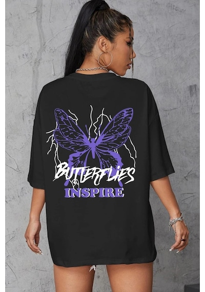 Startmore Unisex Butterfly & Letter Graphic Tasarım T-shirt Siyah