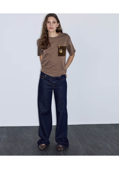 İpekyol Kontrast Cepli Aplikeli Kahverengi Kadın T-shirt Iw6260070176