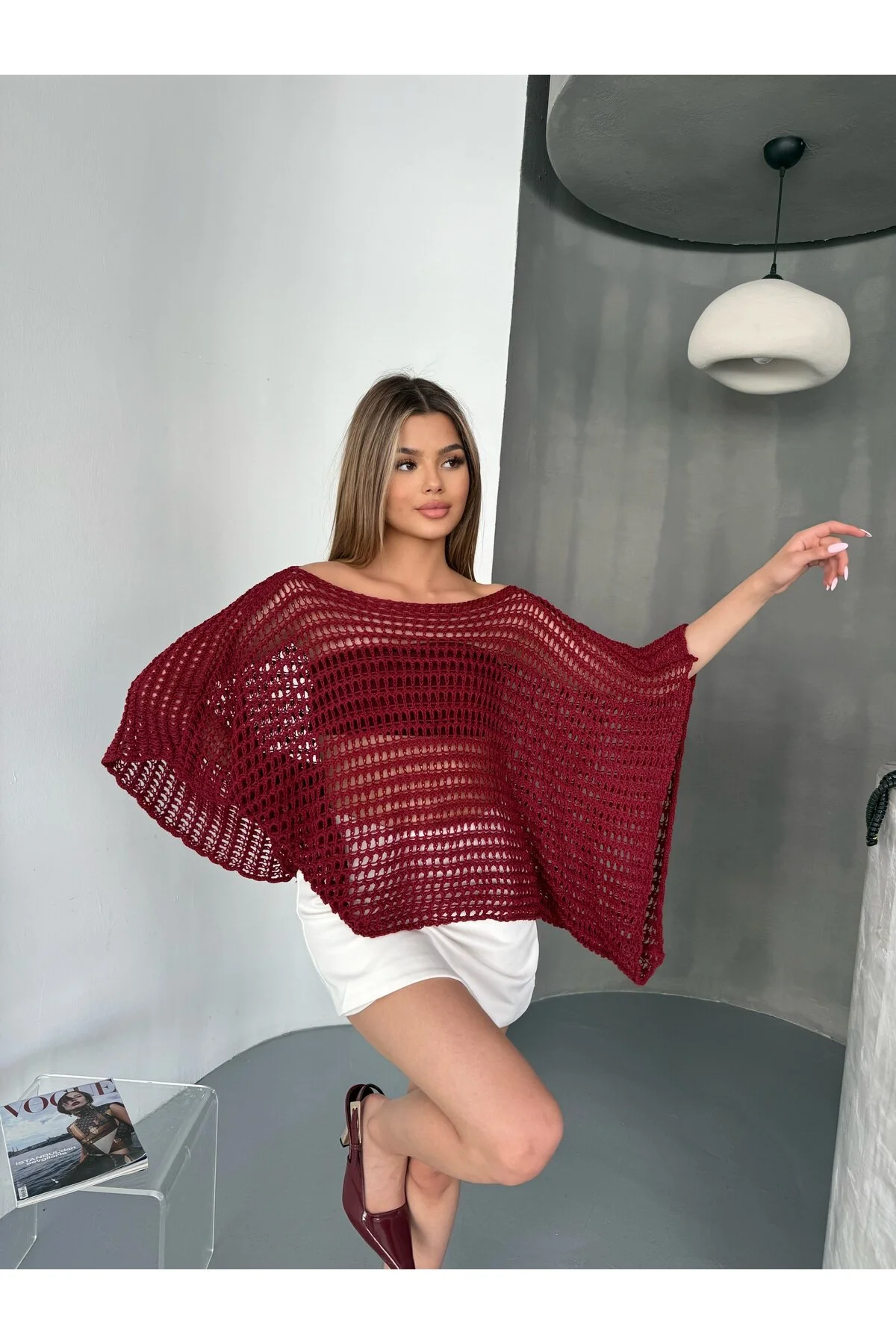 Lea Yazlık Yarasa Kol Dökümlü Triko Pamuk Bluz Açık Bordo