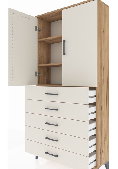 Arges Dolap 3 Raflı 5 Çekmeceli 2 Kapaklı 88x30x182 Çam-aytaşı Çam