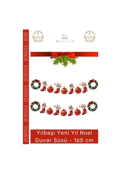 Duvarsüsü Yılbaşı Dekoratif Banner Seti Simli Kaliteli Parlak Baskı Çelenk Duvar Süsü 165cm
