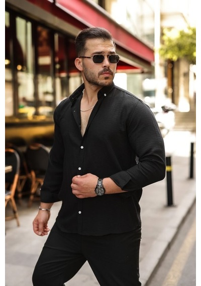 Veraura Lifestyle Erkek Uzun Kollu Beyaz Düğmeli Pera Keten Gömlek Siyah