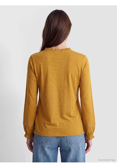 LC Waikiki Lcw Grace Sarı Fırfırlı Bisiklet Yaka Nakışlı Bluz Dark Yellow