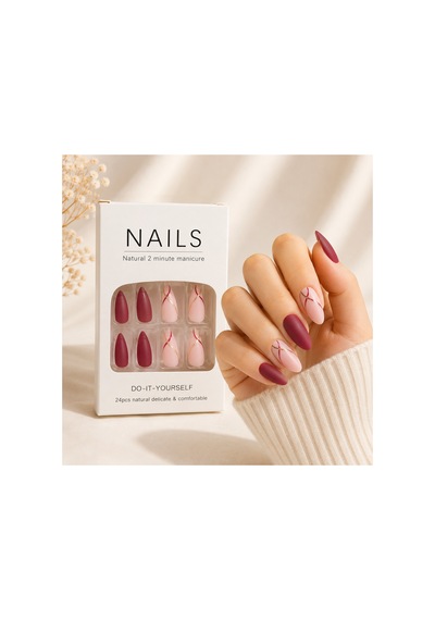 Zelüx - Bordo Pembe Tonlarda - 24 Adet Yapıştırma Tırnak Sanatı Seti Nail Art