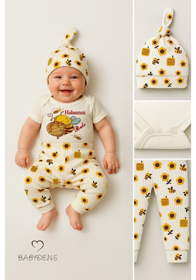 Babyden's 3 Lü Yenidoğan Takım Halasının Balı Baskılı Kısa Kol Body Arı Çiçek Desenli Pantolon Bere Ekru