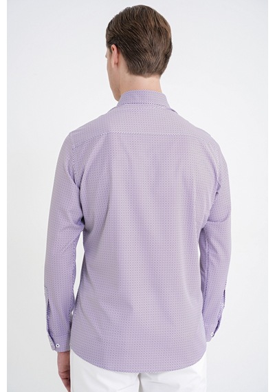 Slim Fit Yaka Düğmeli Baskılı Pamuklu Bordo Gömlek G 1606