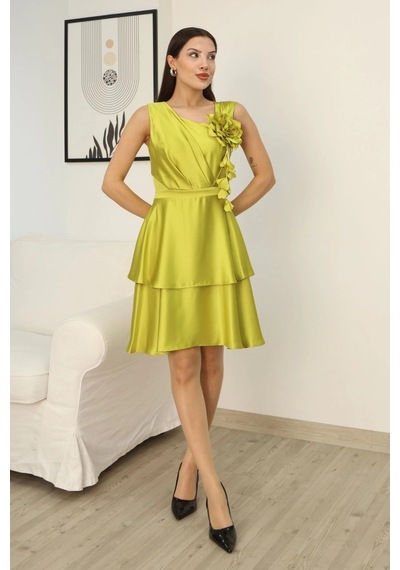 Lodmela Çiçek Detaylı Saten Elbise 2371-olive Olive