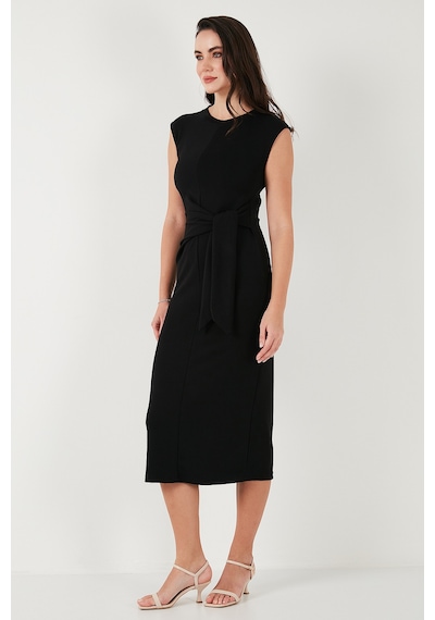 Lela Slim Fit Bisiklet Yaka Bağlama Detaylı Midi Bayan Elbise 5866164 Siyah